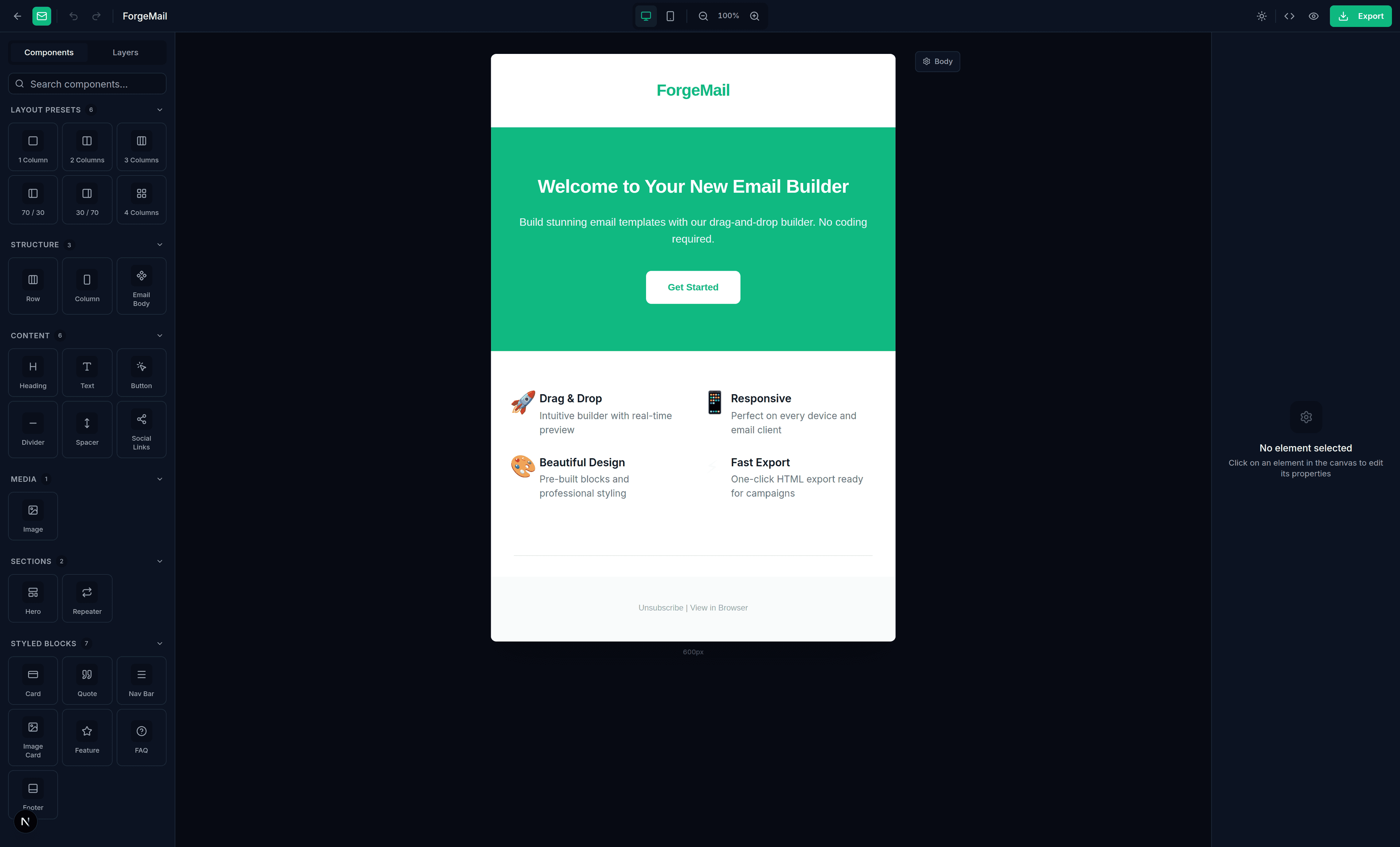 SentinMail drag-and-drop email builder interface