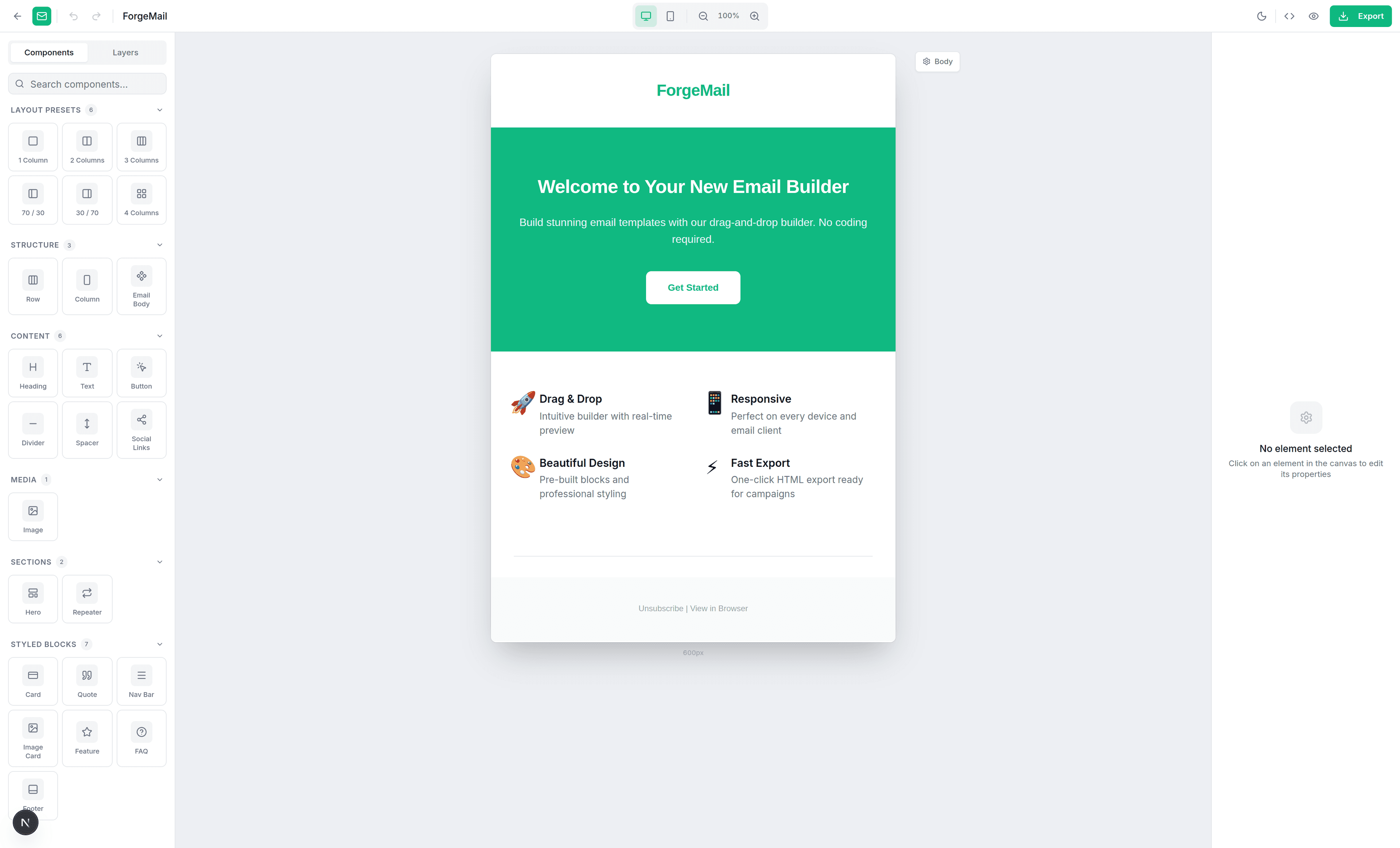 SentinMail drag-and-drop email builder interface